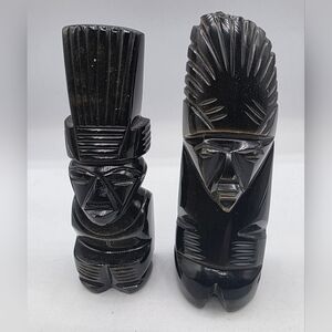 Vintage Hand Aztec Style Carved Black Obsidian Set Of 2 Figurines